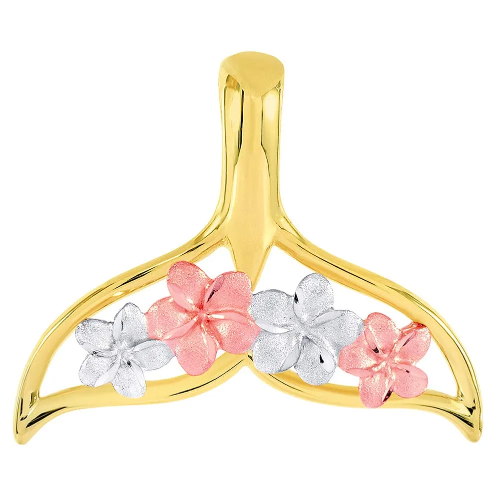 14k Yellow and Rose Gold Open Tri-Tone Whale Tail with Hawaiian Plumeria Flower Pendant Figaro Chain Necklace