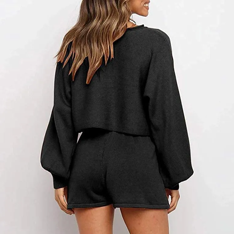 2-Piece: Knit Outfits Puff Sleeve Crop Top Shorts Set Sweater Sweatsuit