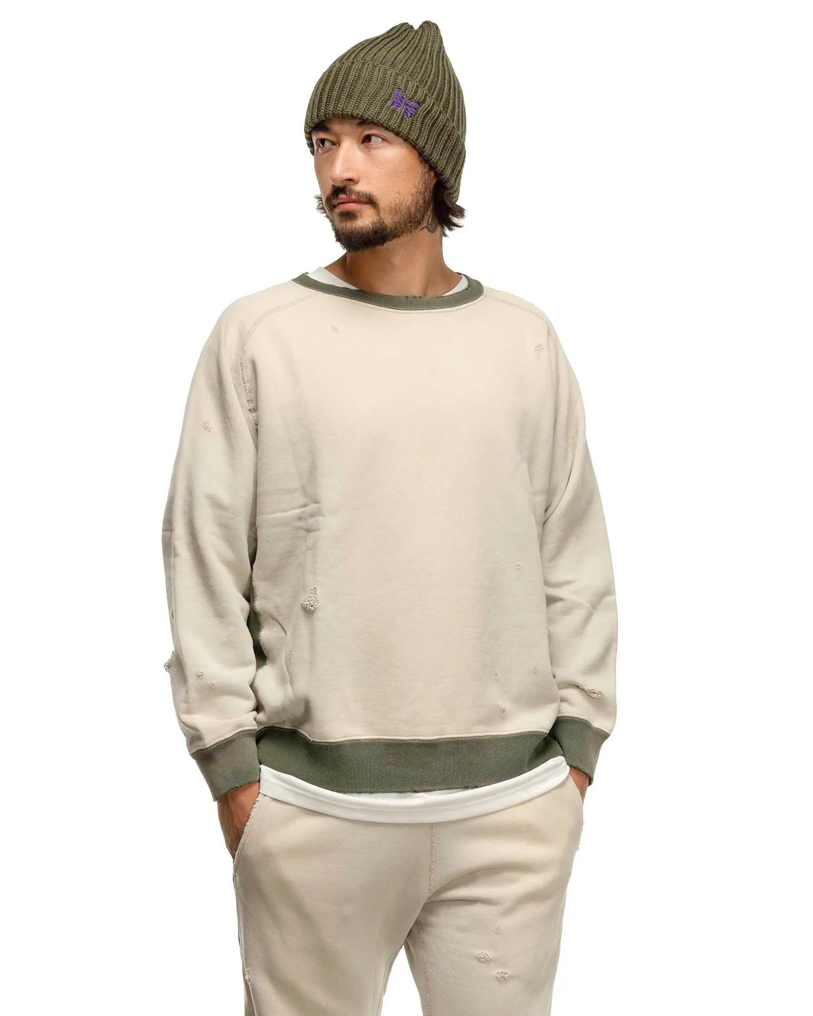 2-Tone Crew Neck Sweat Shirt - Cotton French Terry Beige