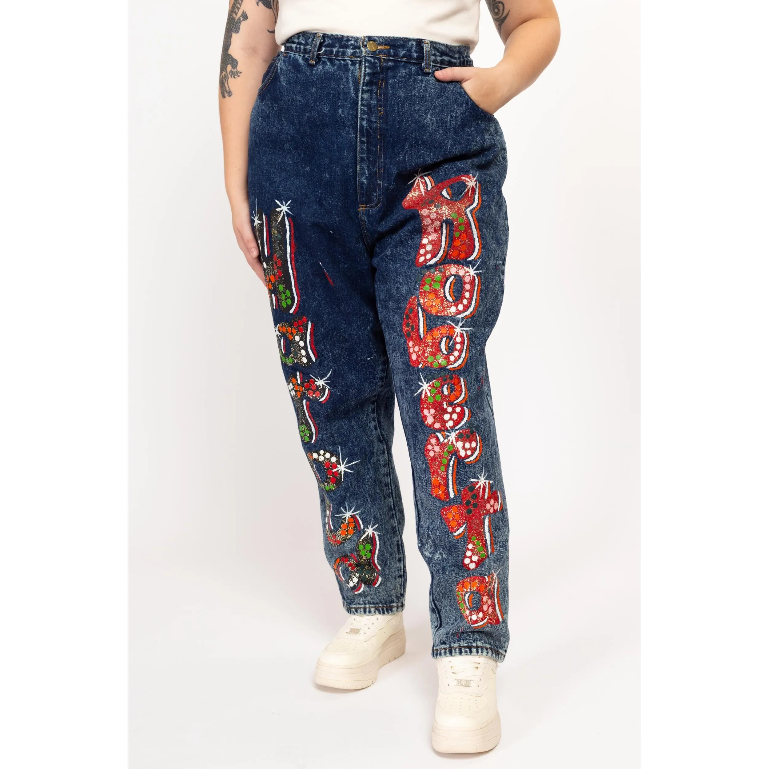 2X 80s Acid Wash Painted Graffiti Jeans 42"