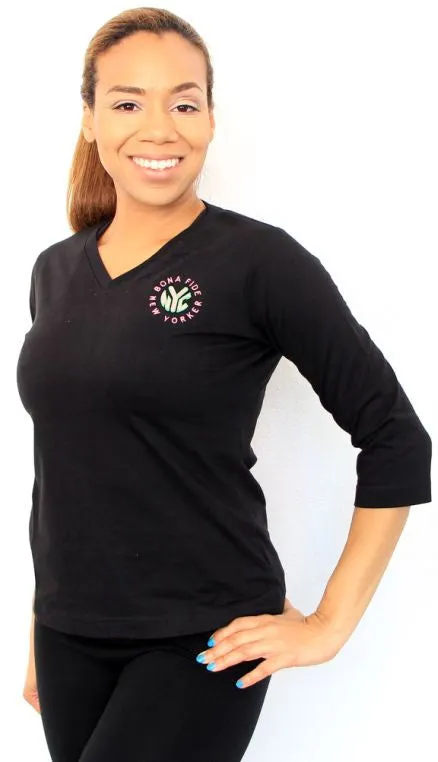 3/4 Sleeve V-Neck T-Shirt With Embroidered Logo