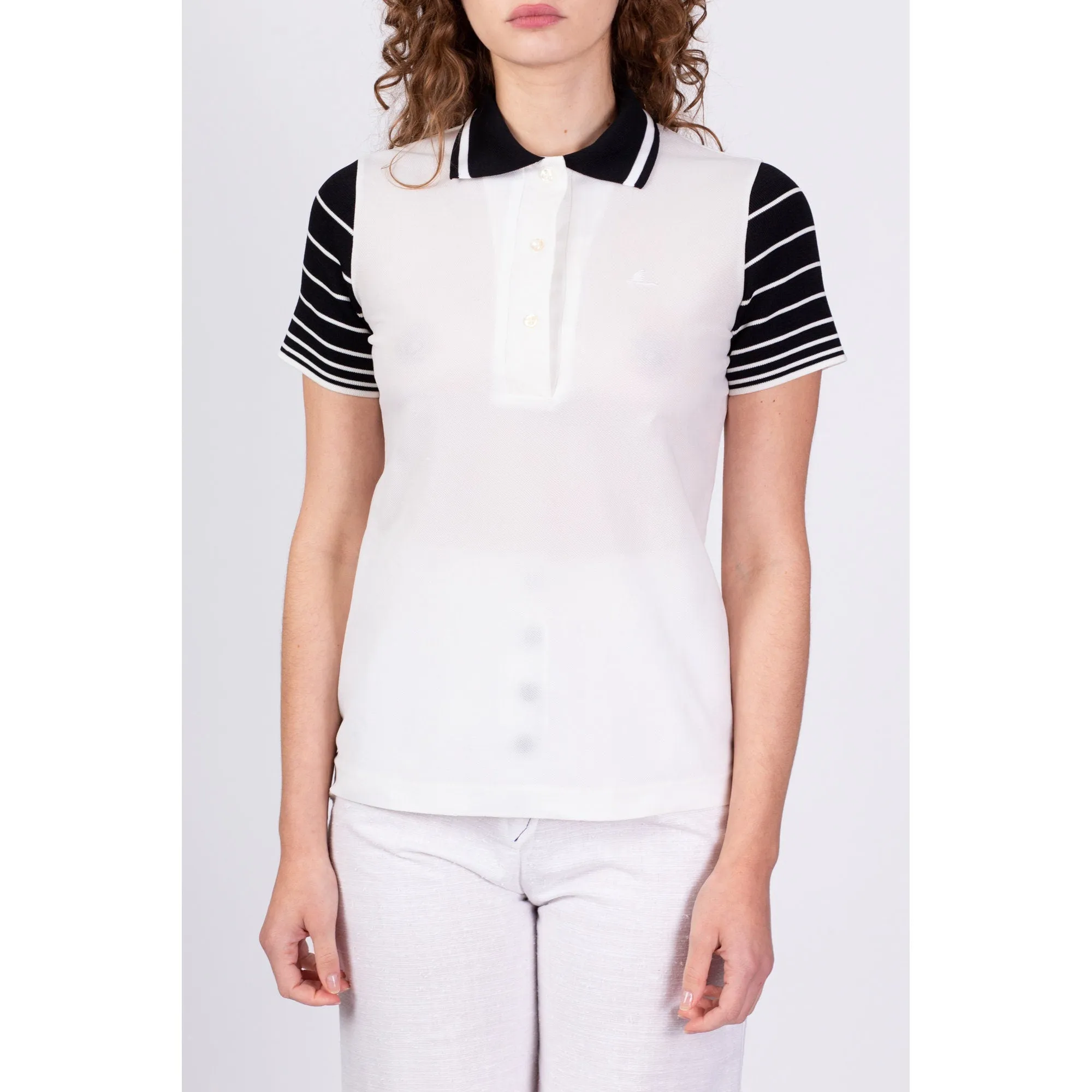 70s Catalina White Black Striped Polo Top - Petite Small