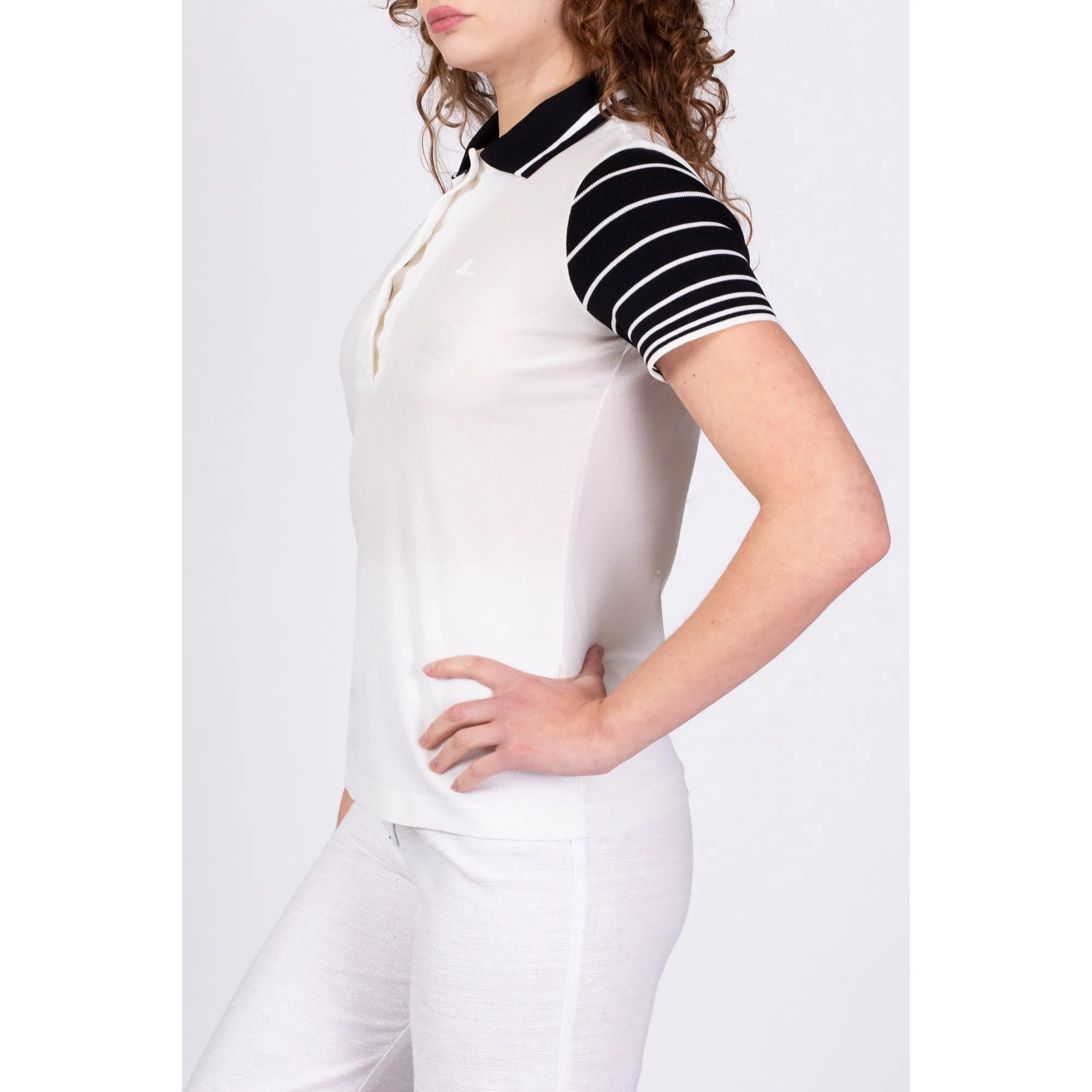 70s Catalina White Black Striped Polo Top - Petite Small