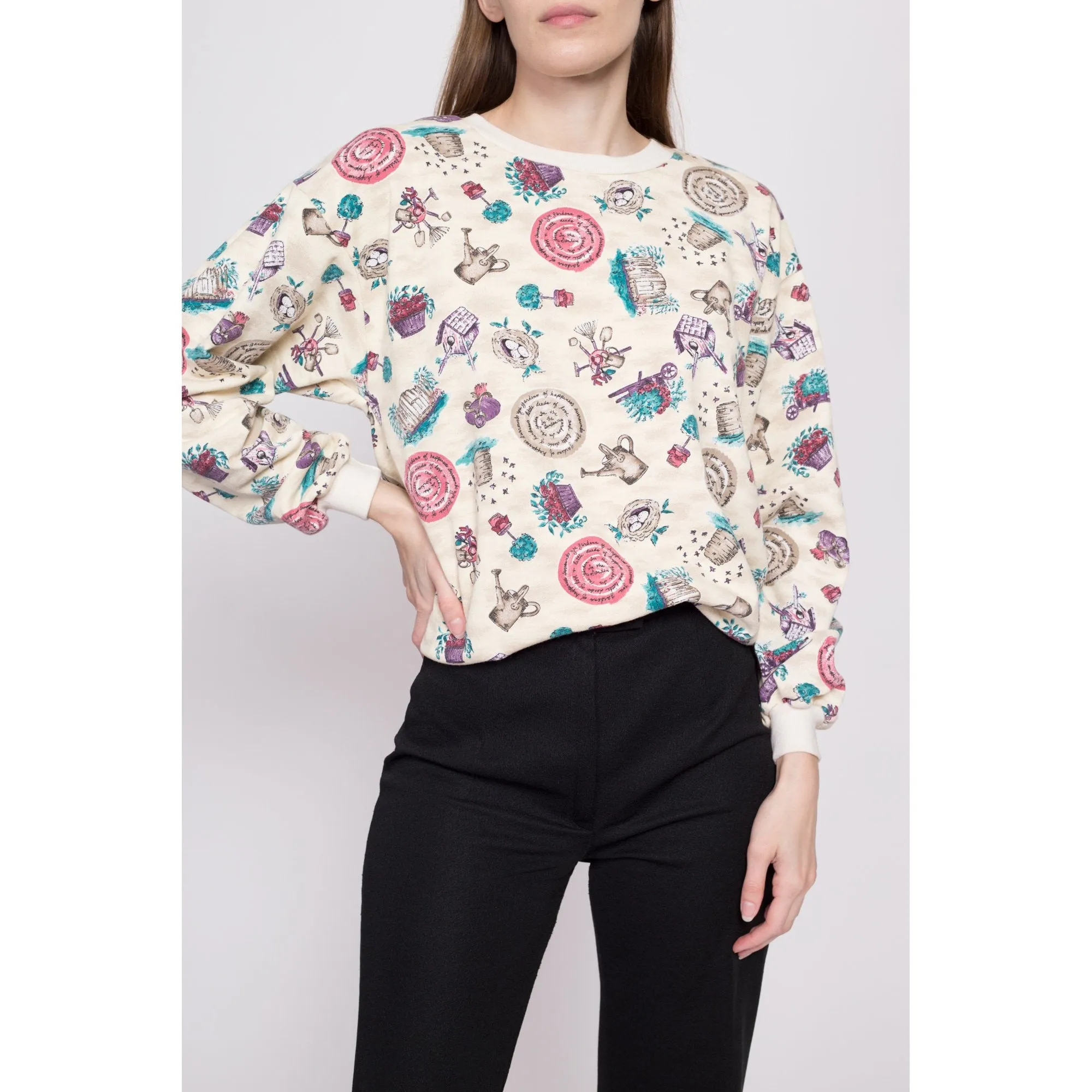 80s 90s Garden All Over Print Sweatshirt - Small