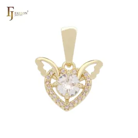 Angel wing solitaire round CZ heart 14K Gold, White Gold pendant