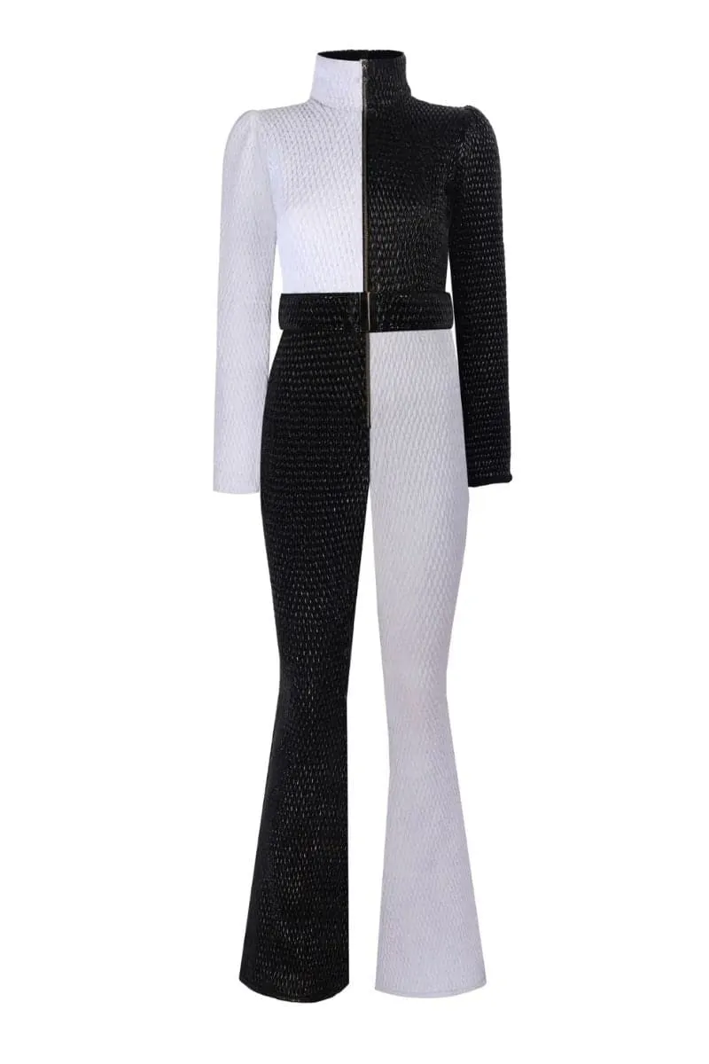 BLACK AND WHITE CONTRAST ONE-PIECE SKI SUIT