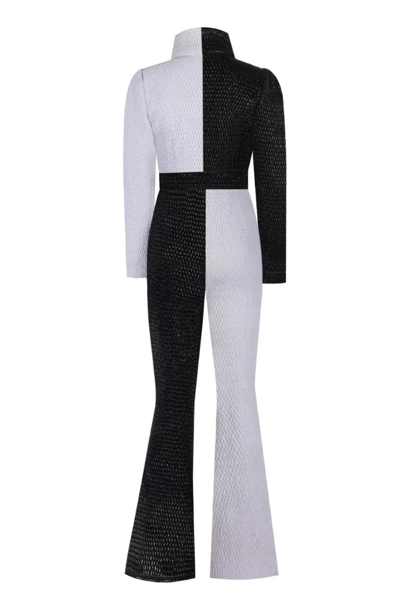 BLACK AND WHITE CONTRAST ONE-PIECE SKI SUIT