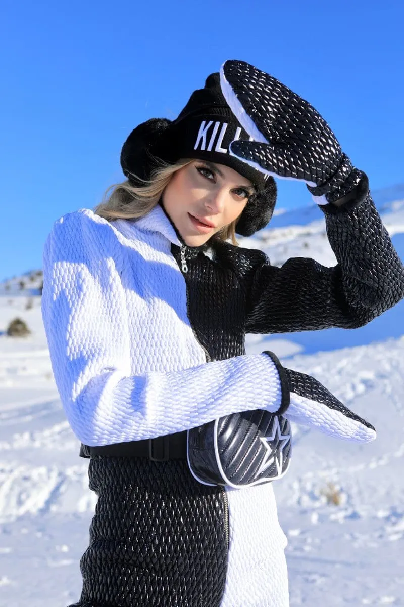 BLACK AND WHITE CONTRAST ONE-PIECE SKI SUIT