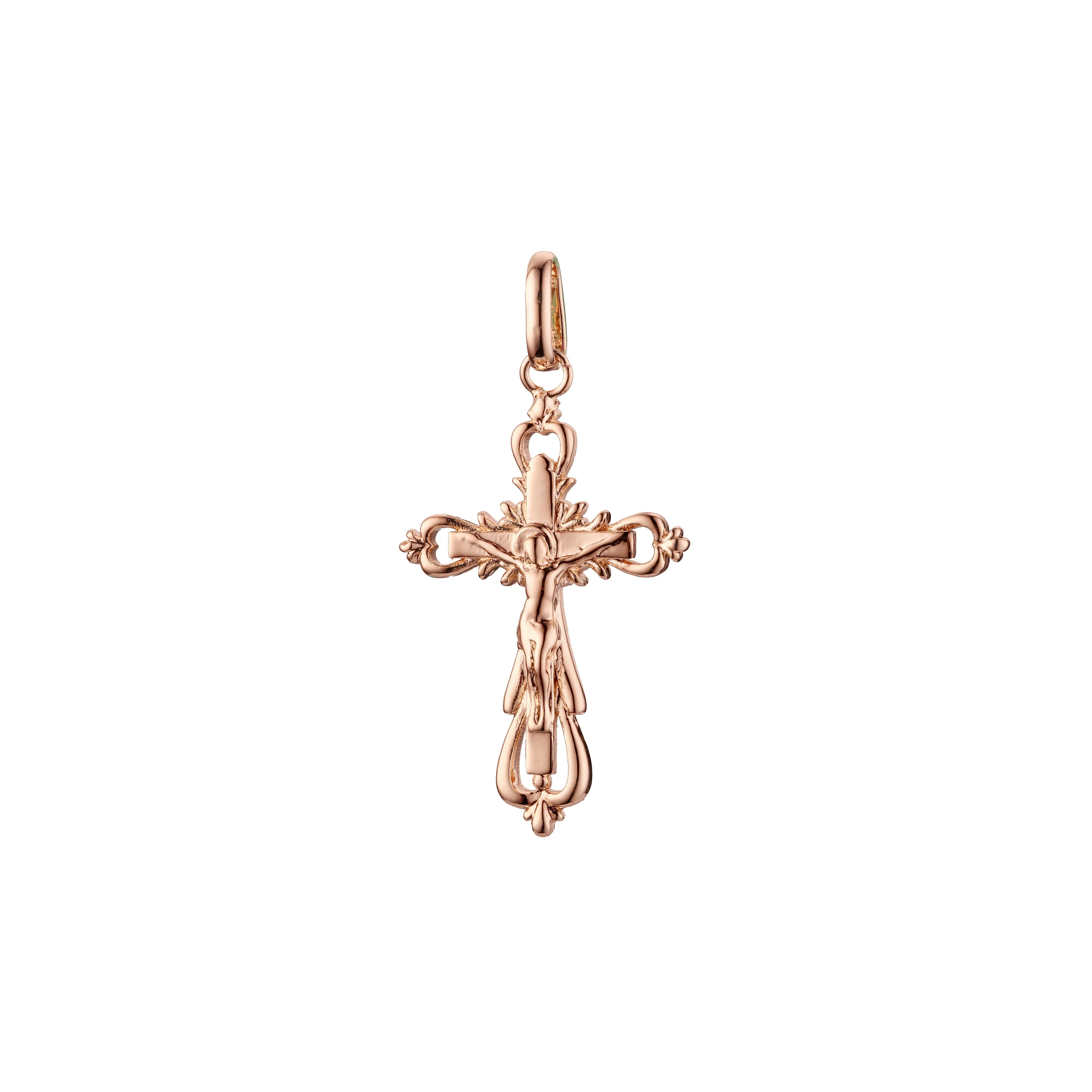 Catholic cross budded pendant in Rose Gold & 14K Gold plating colors