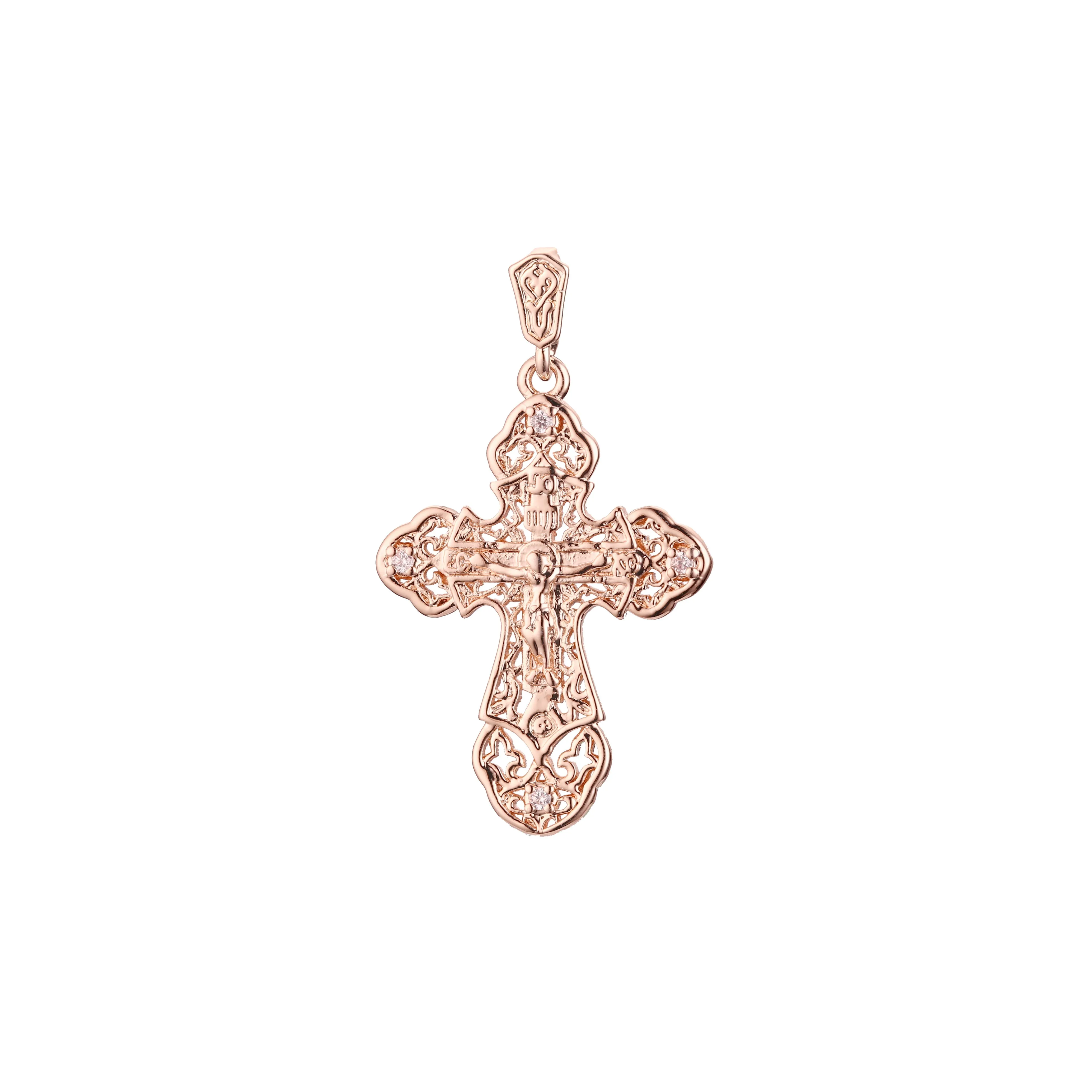 Catholic cross budded pendant in Rose Gold & 14K Gold plating colors