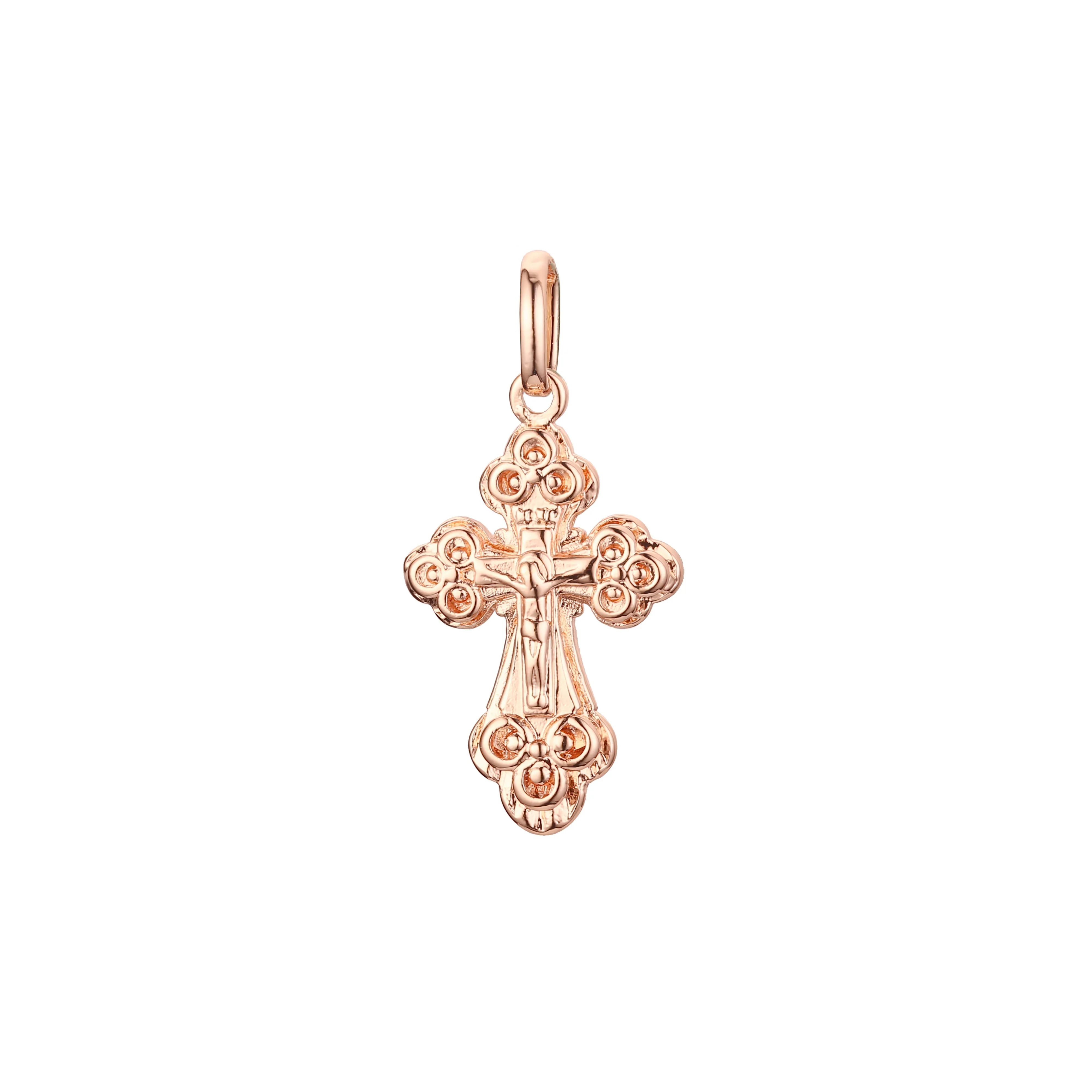 Catholic cross budded pendant in Rose Gold & 14K Gold plating colors