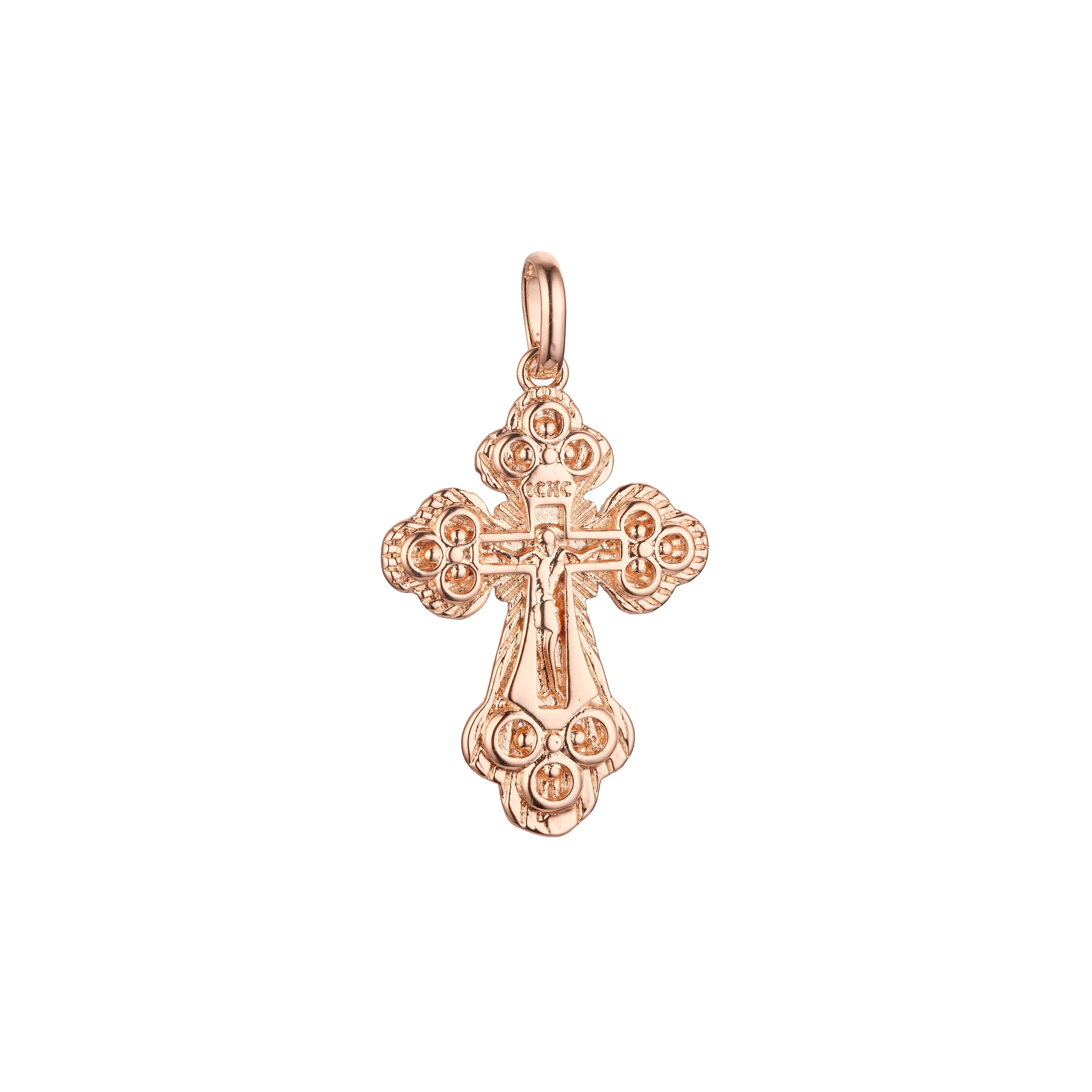 Catholic cross budded pendant in Rose Gold two tone, 14K Gold plating colors