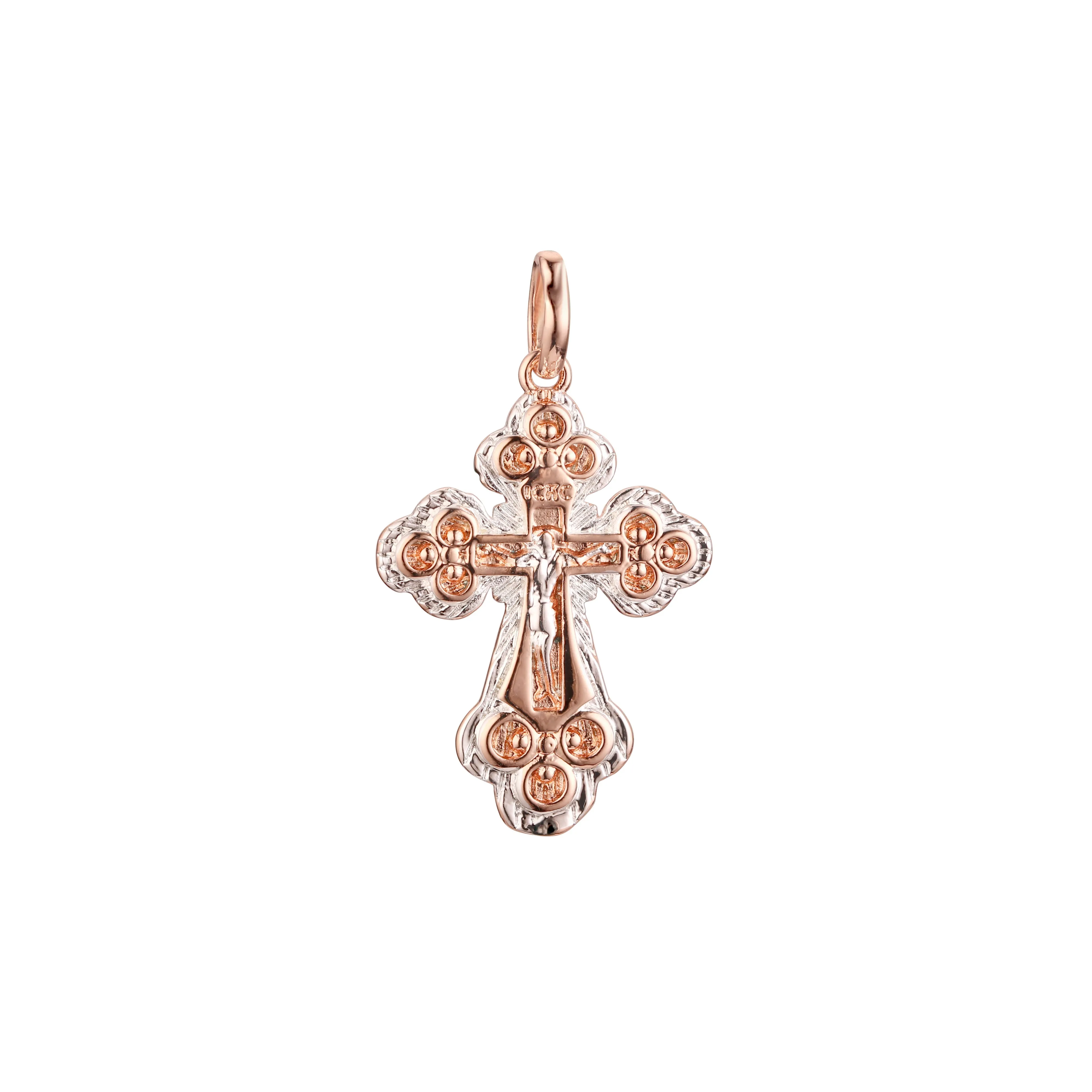 Catholic cross budded pendant in Rose Gold two tone, 14K Gold plating colors