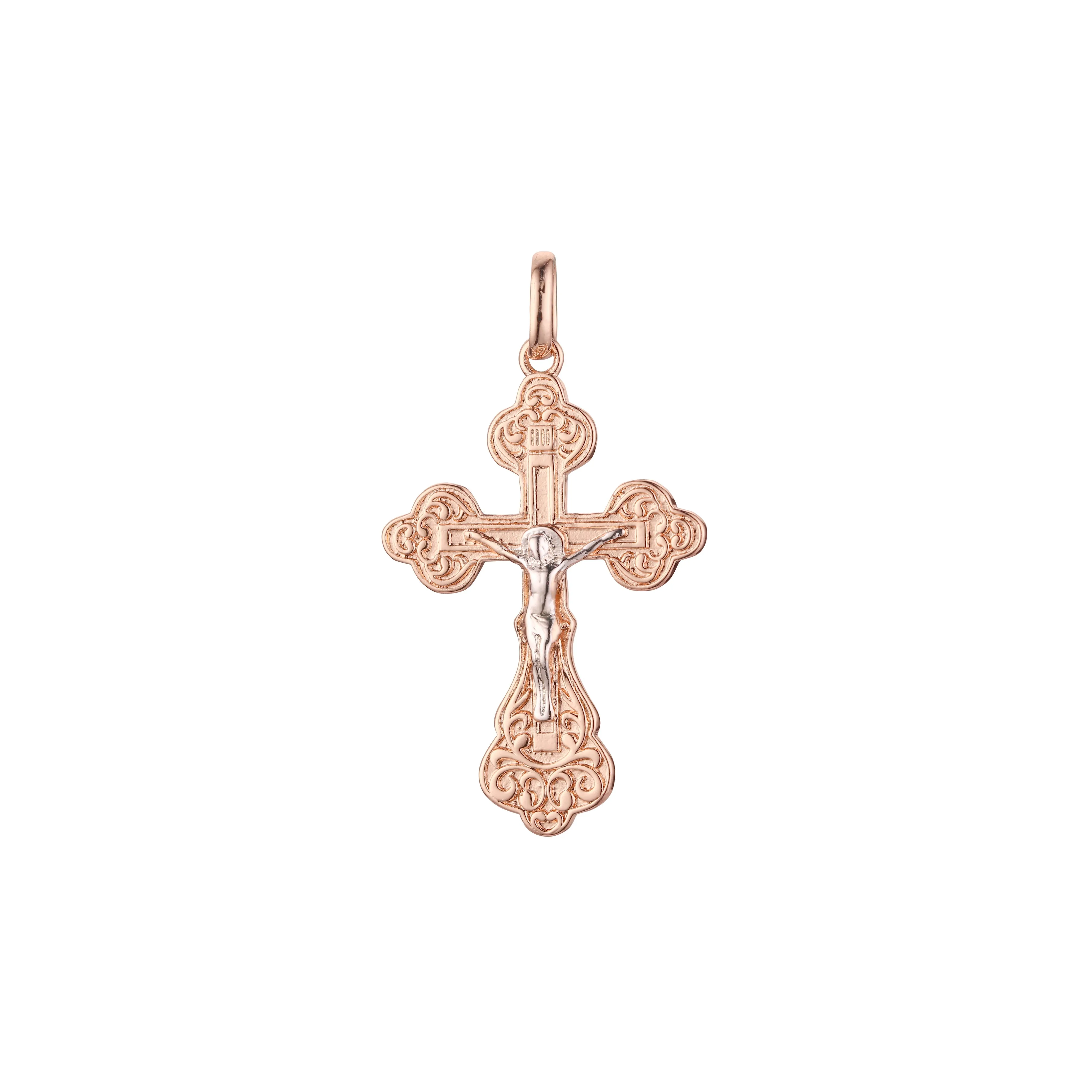 Catholic cross budded pendant in Rose Gold two tone, 14K Gold plating colors