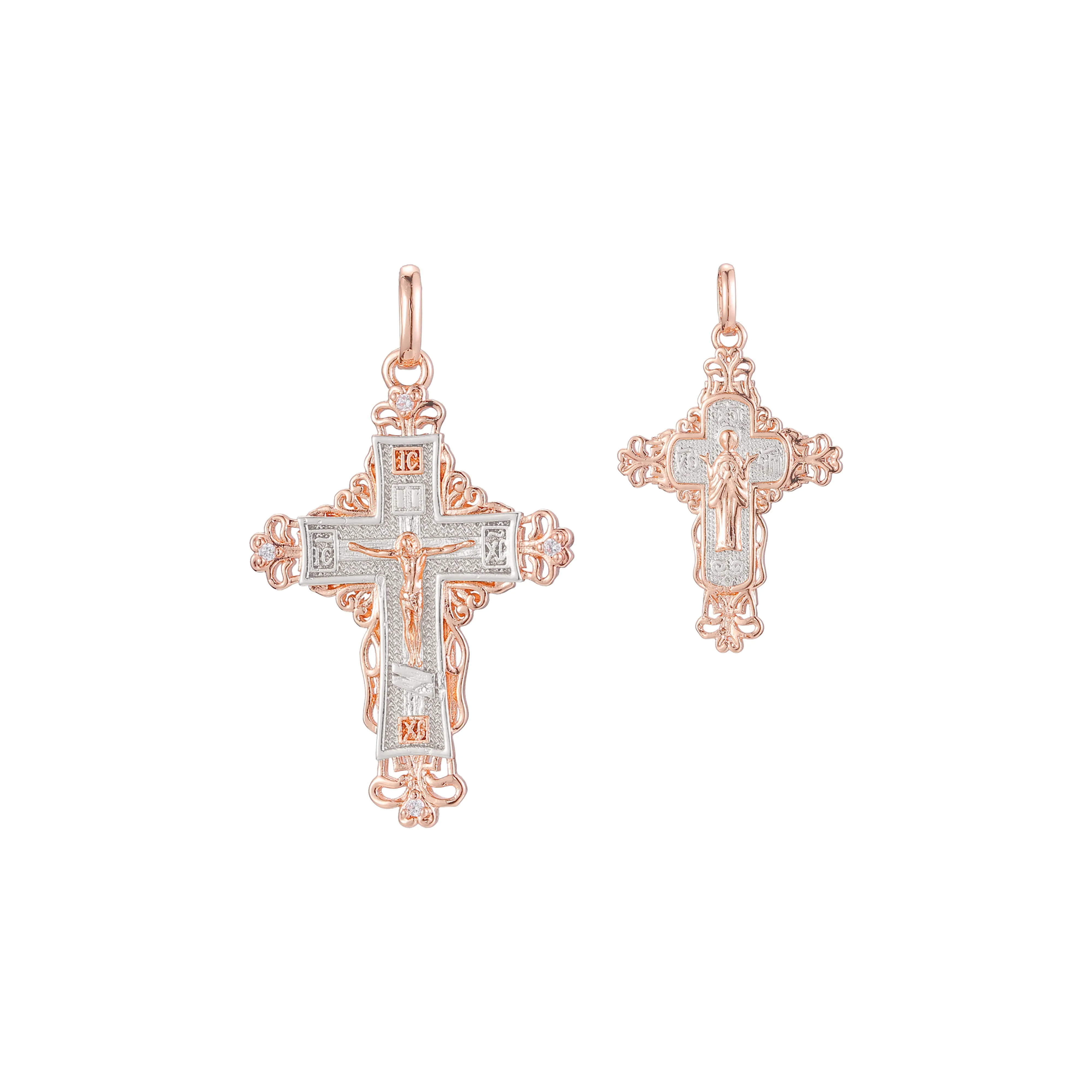 Catholic cross budded pendant in Rose Gold two tone, 14K Gold plating colors