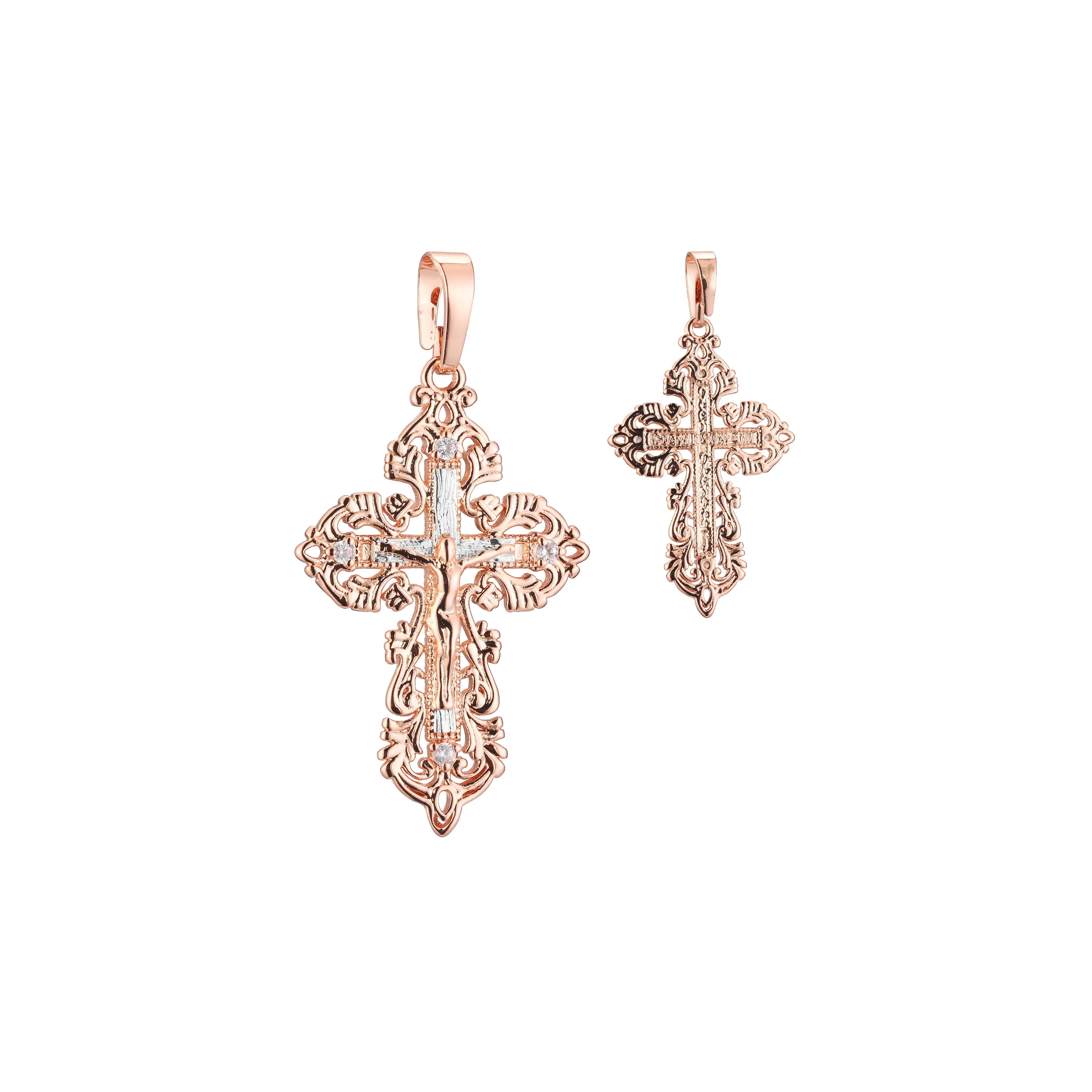 Catholic crucifix cross 14K Gold, Rose Gold two tone pendant