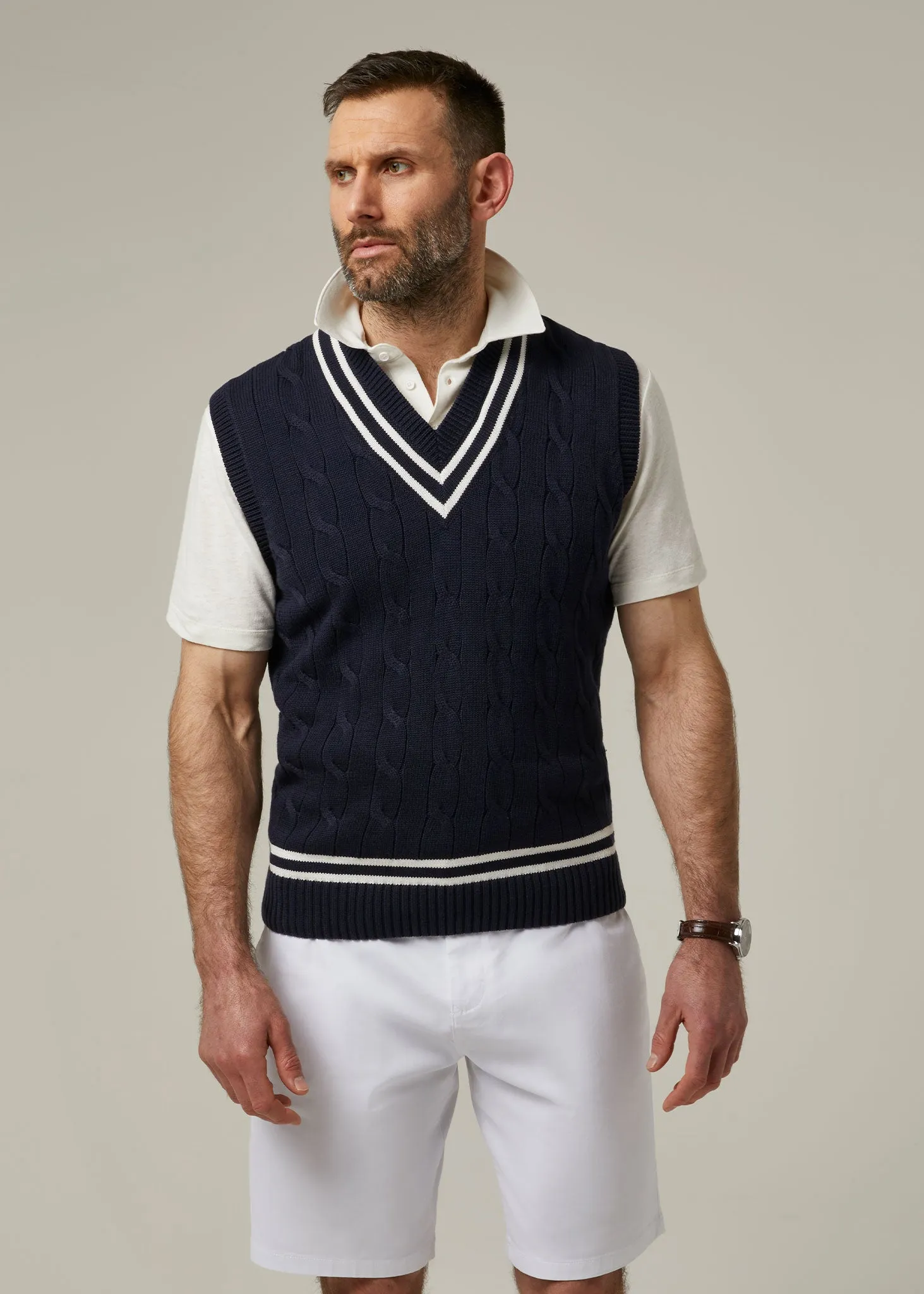 Chadbury Cable Cricket Slipover In Dark Navy