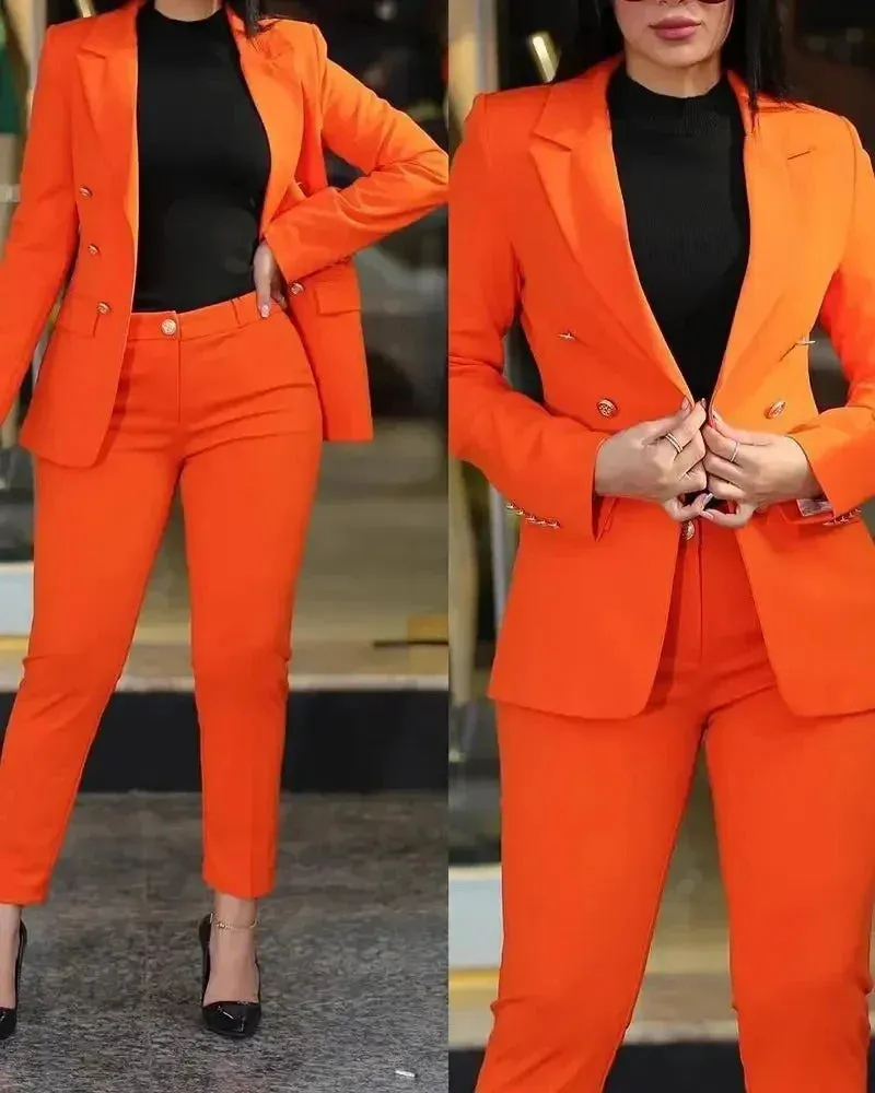 New 2025 Formal Office Pant Sets Women 2PCS Double Breasted Solid Blazers Jacket and Pants Two Pieces Set Female Pant Suits Sets