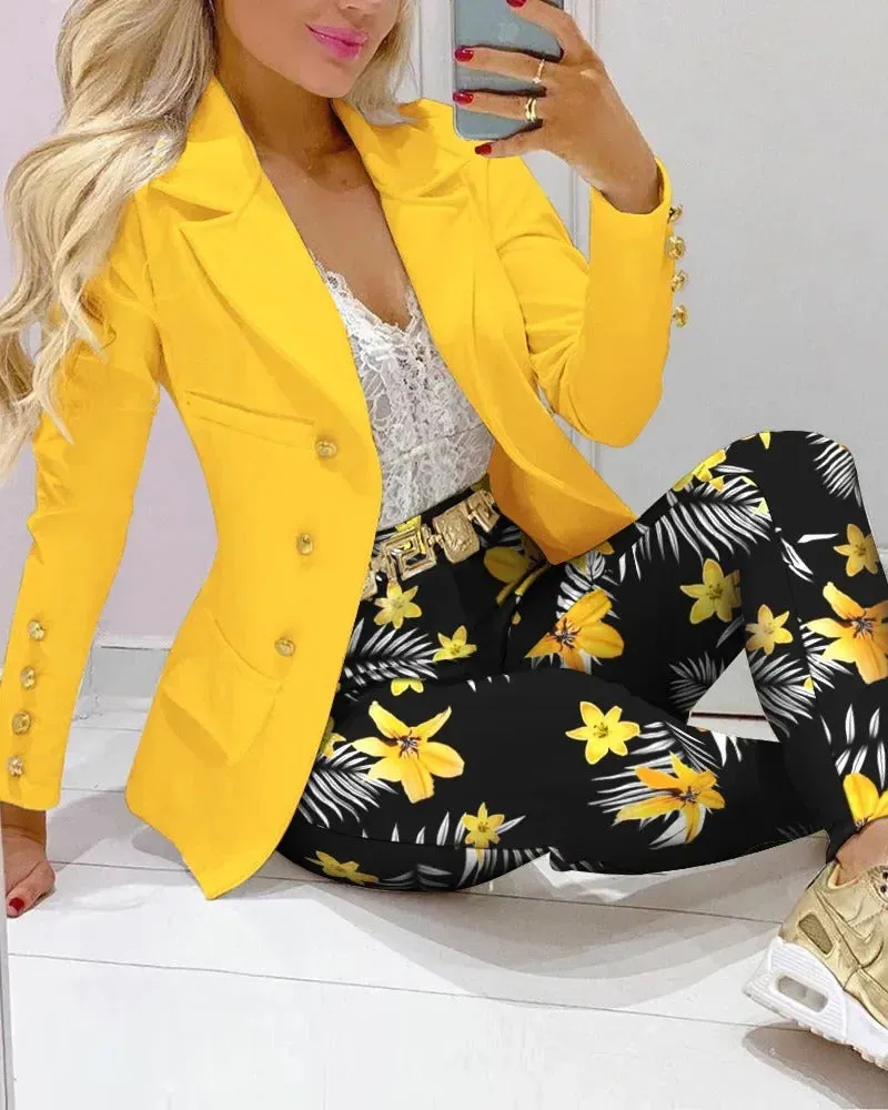 New 2025 Formal Office Pant Sets Women 2PCS Double Breasted Solid Blazers Jacket and Pants Two Pieces Set Female Pant Suits Sets