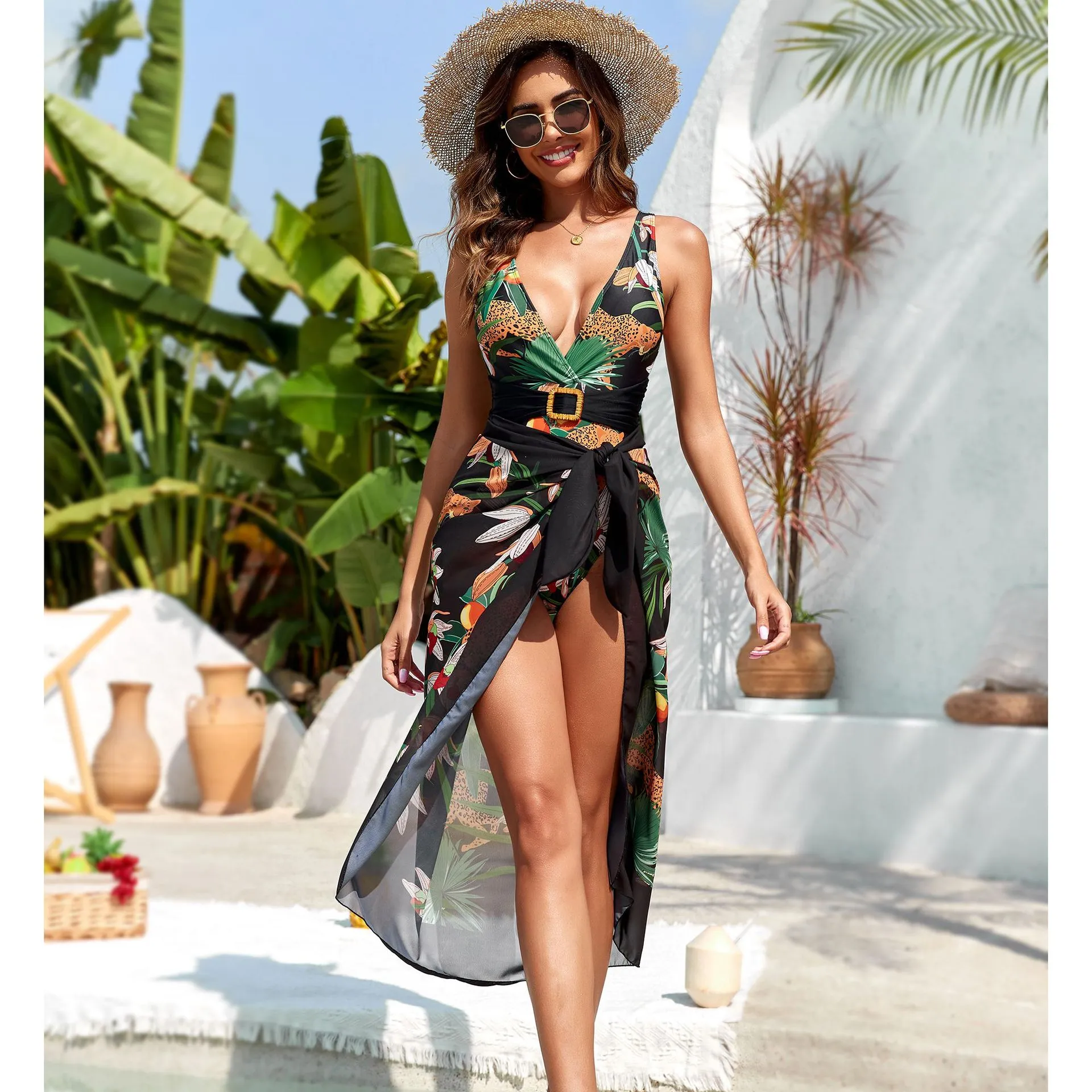 Printed One-piece Swimsuit Gauze Skirt Two-piece Set