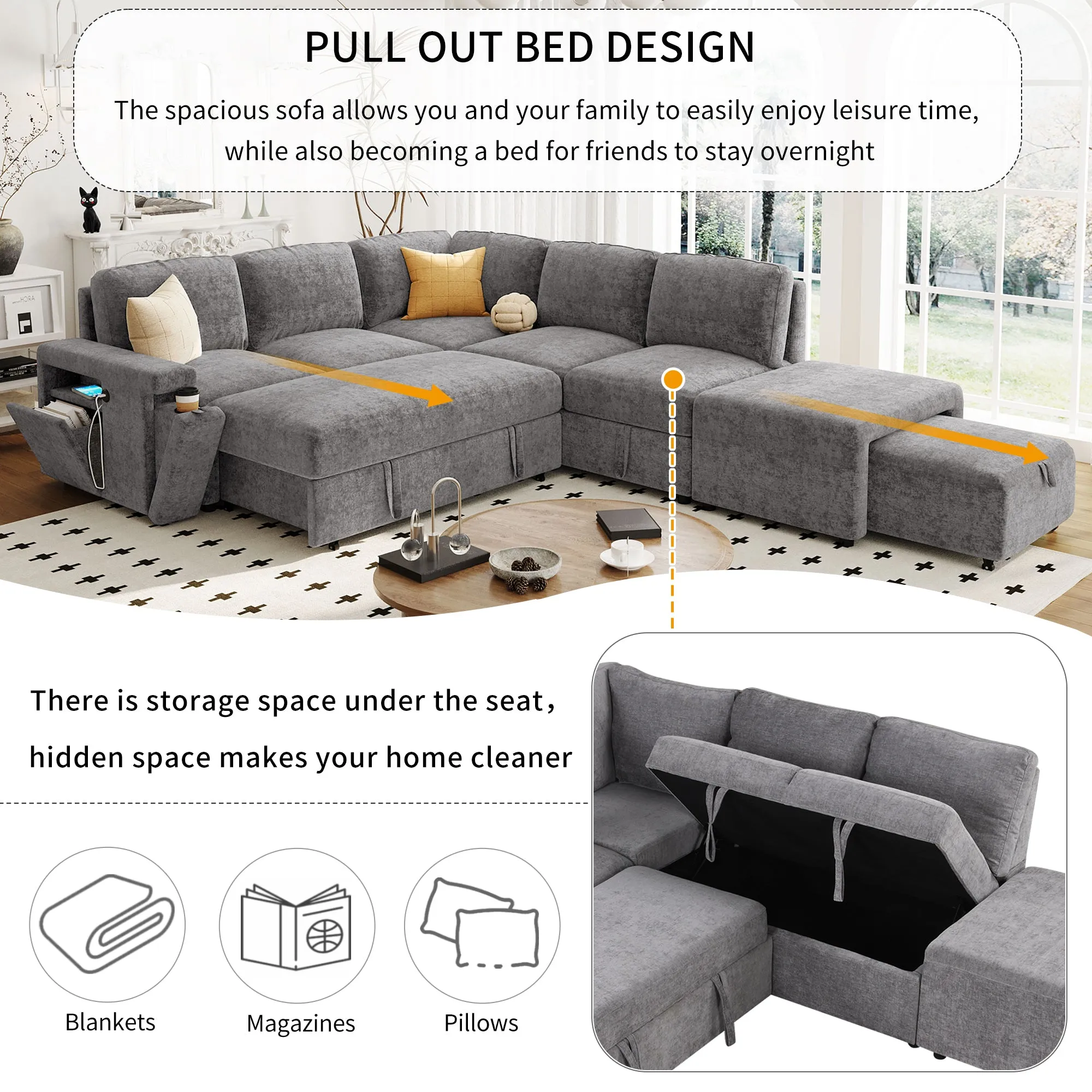 U_STYLE  L-shaped Padded Modular Sofa with Storage Space, USB Ports, and Cup Holders on the Armrests, Suitable for Living Rooms, Offices, and Apartments.