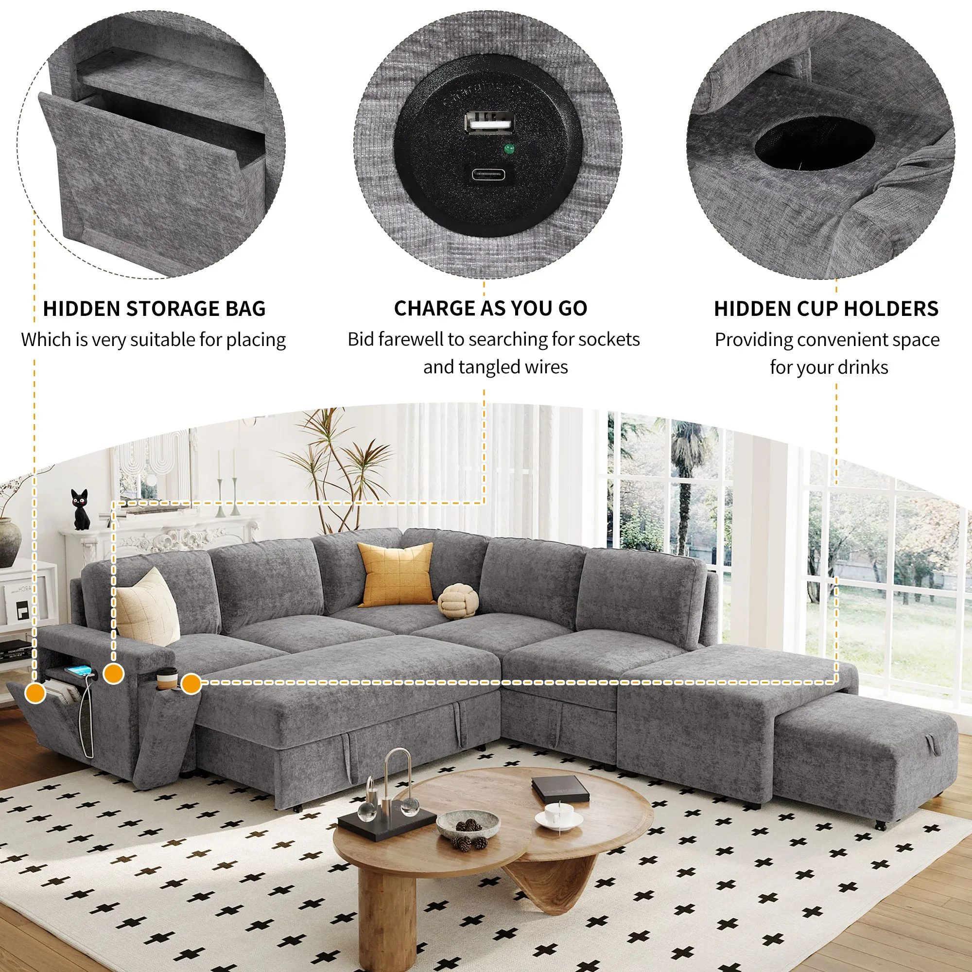 U_STYLE  L-shaped Padded Modular Sofa with Storage Space, USB Ports, and Cup Holders on the Armrests, Suitable for Living Rooms, Offices, and Apartments.