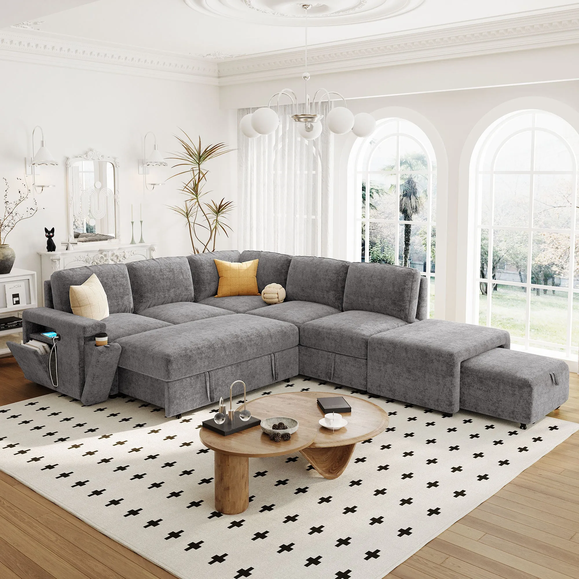 U_STYLE  L-shaped Padded Modular Sofa with Storage Space, USB Ports, and Cup Holders on the Armrests, Suitable for Living Rooms, Offices, and Apartments.