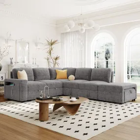 U_STYLE  L-shaped Padded Modular Sofa with Storage Space, USB Ports, and Cup Holders on the Armrests, Suitable for Living Rooms, Offices, and Apartments.