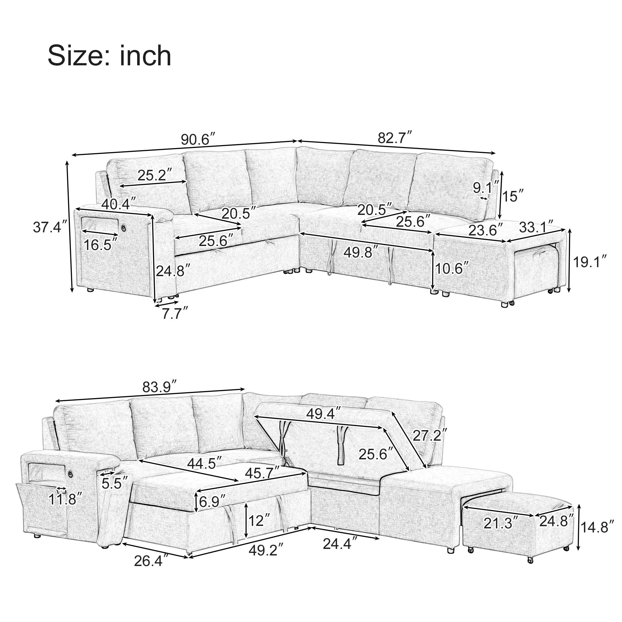 U_STYLE  L-shaped Padded Modular Sofa with Storage Space, USB Ports, and Cup Holders on the Armrests, Suitable for Living Rooms, Offices, and Apartments.