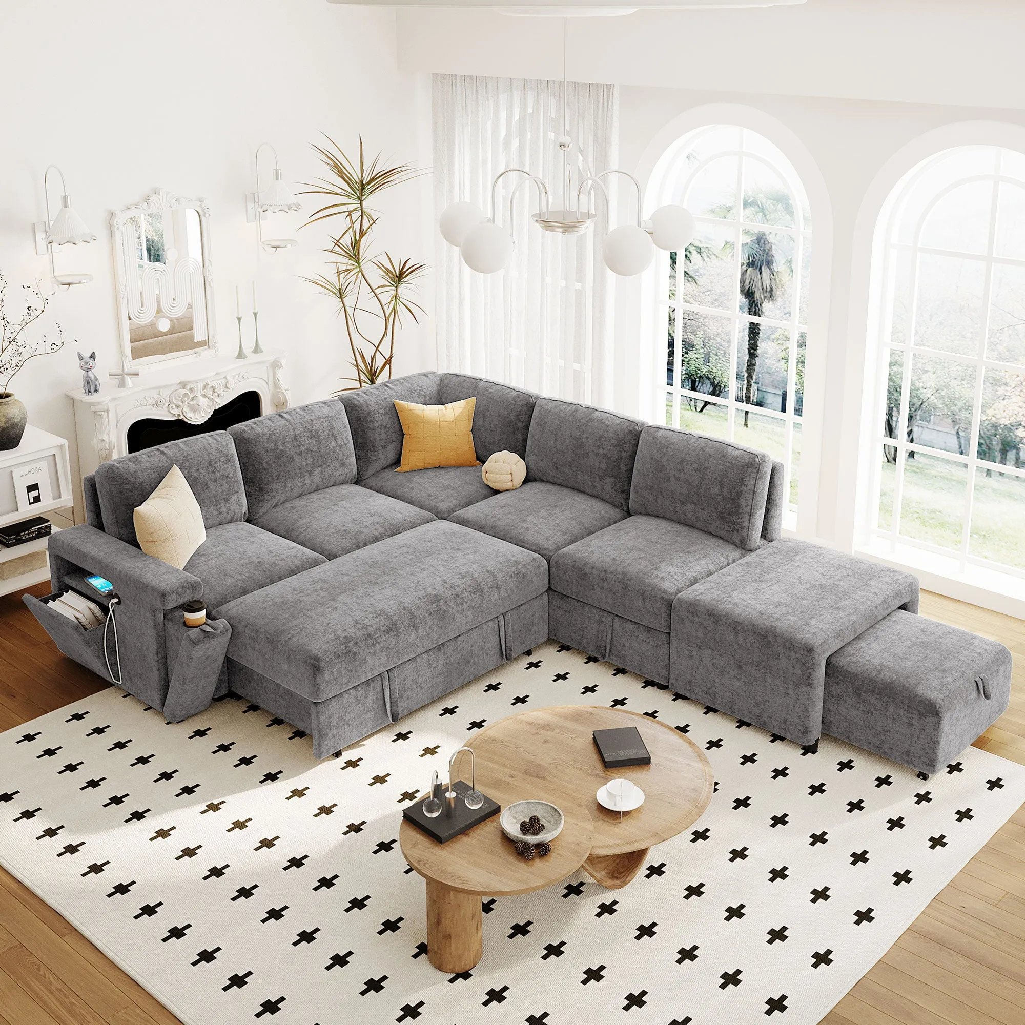 U_STYLE  L-shaped Padded Modular Sofa with Storage Space, USB Ports, and Cup Holders on the Armrests, Suitable for Living Rooms, Offices, and Apartments.