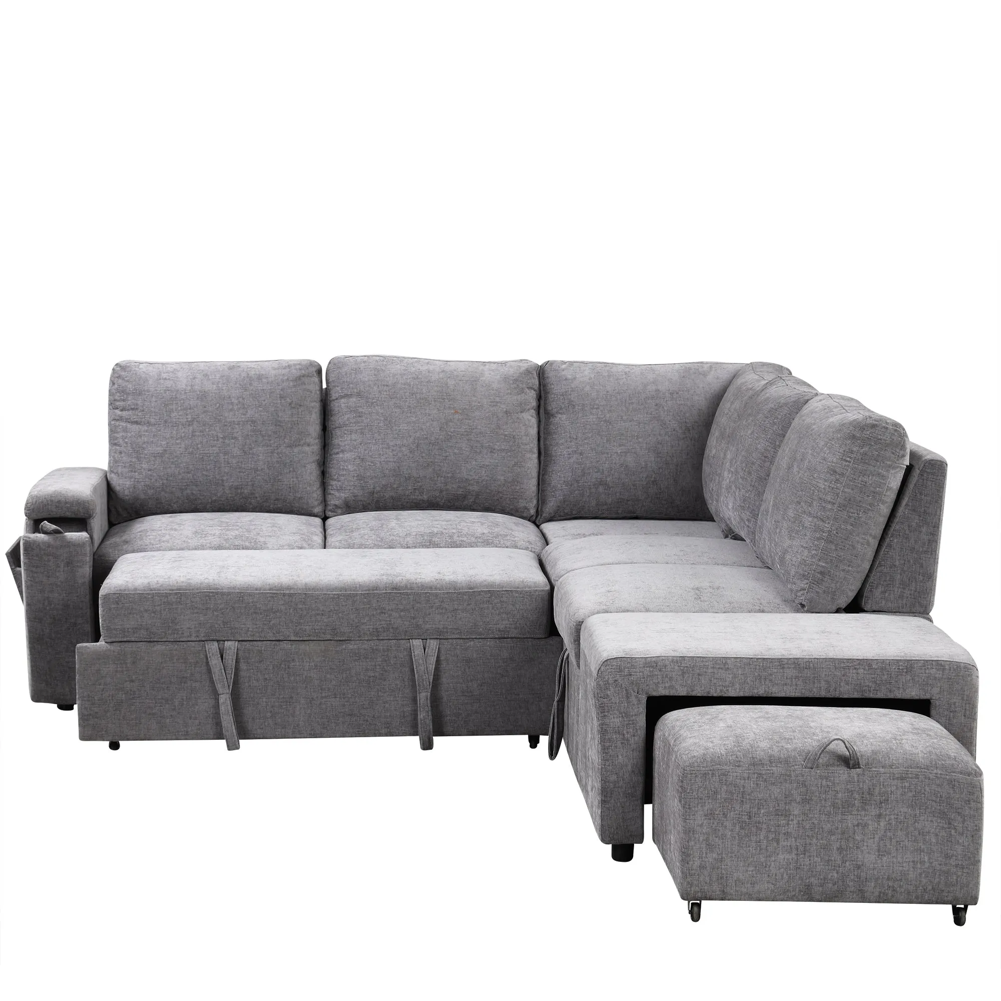 U_STYLE  L-shaped Padded Modular Sofa with Storage Space, USB Ports, and Cup Holders on the Armrests, Suitable for Living Rooms, Offices, and Apartments.