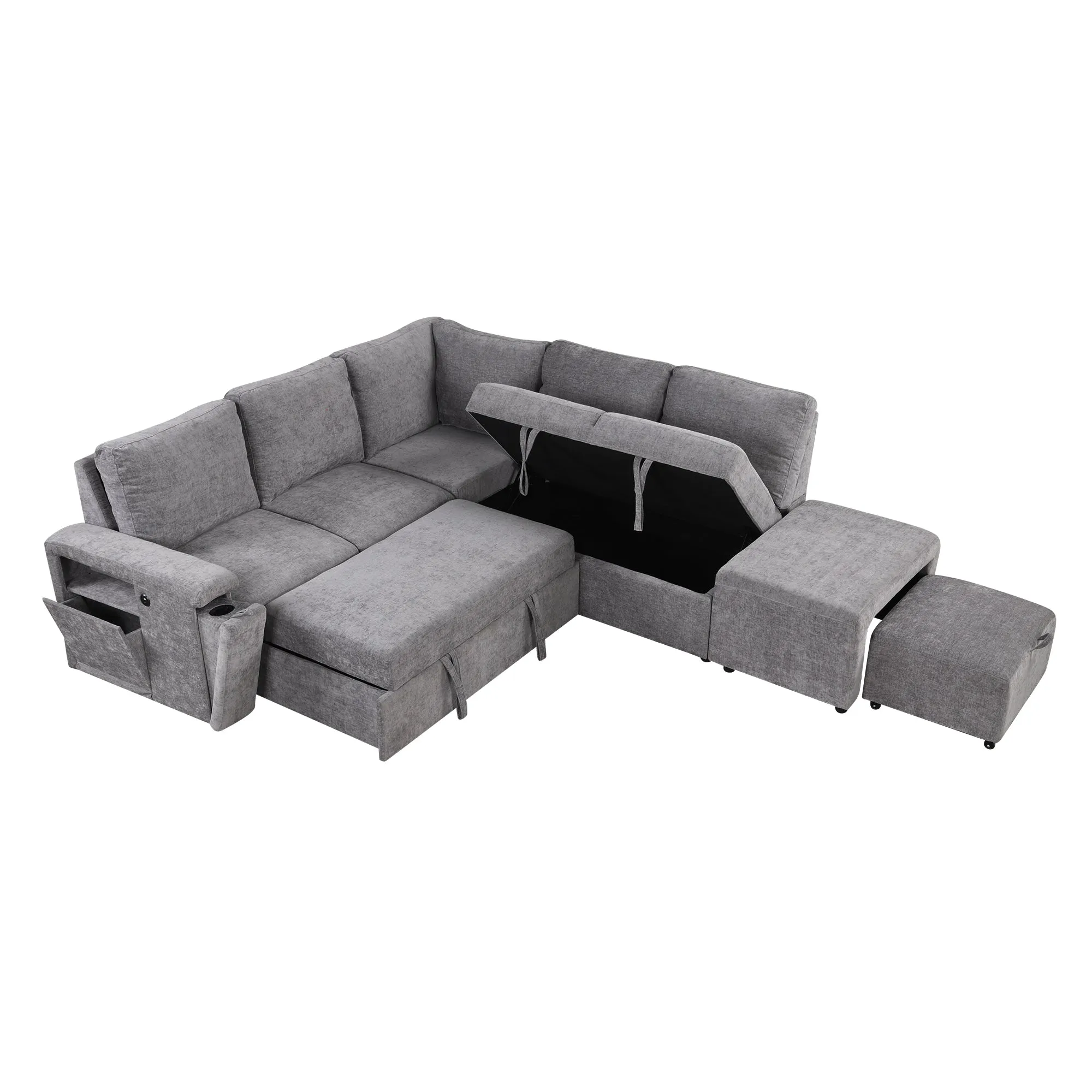 U_STYLE  L-shaped Padded Modular Sofa with Storage Space, USB Ports, and Cup Holders on the Armrests, Suitable for Living Rooms, Offices, and Apartments.