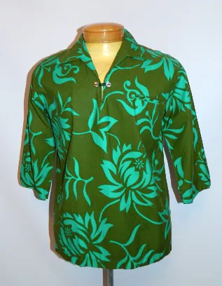 vintage 1960s polo shirt Hawaiian Holiday Sportswear green floral Dashiki tunic Mens M