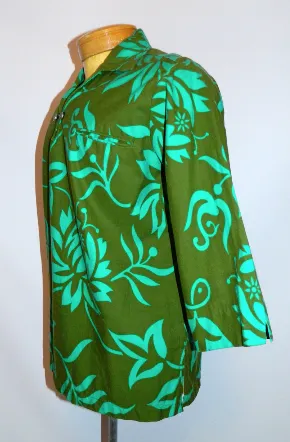 vintage 1960s polo shirt Hawaiian Holiday Sportswear green floral Dashiki tunic Mens M